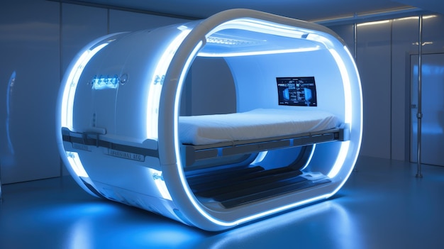 a cylindrical futuristic hyperbaric chamber with a hinged door Generative AI