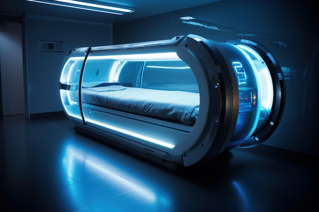 a cylindrical futuristic hyperbaric chamber with a hinged door Generative AI