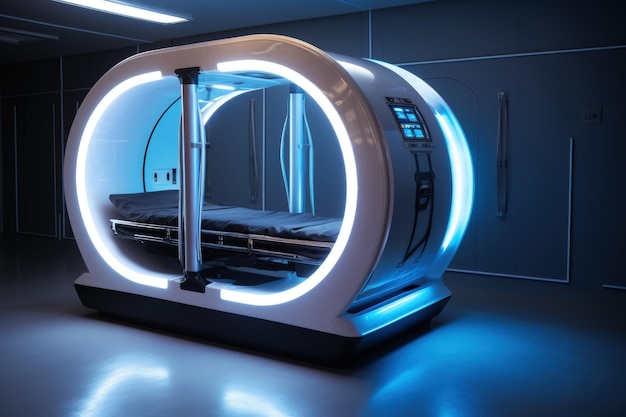 a cylindrical futuristic hyperbaric chamber with a hinged door Generative AI