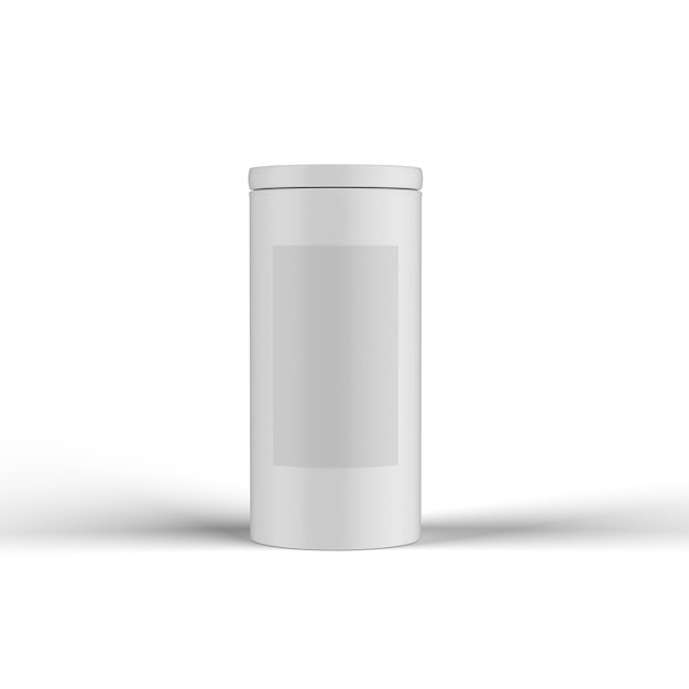 Cylindrical Plastic Jar with label on white background