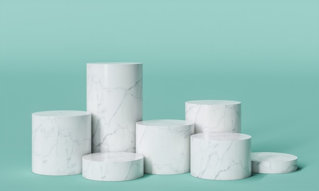 Cylindrical podium in white marble on a turquoise background. 3d render.