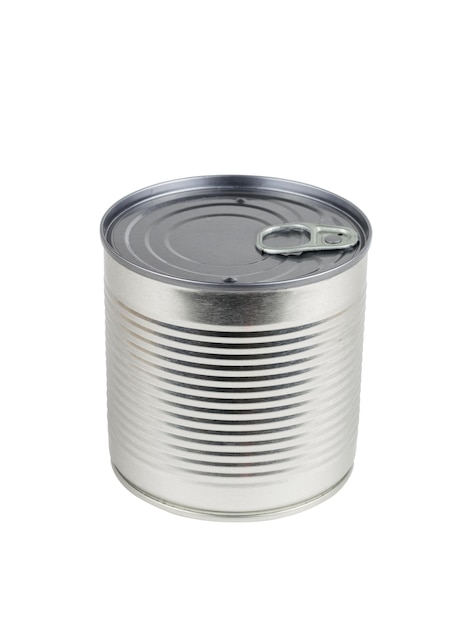 Cylindrical sealed tin can isolated on a white background. Universal container for canning.