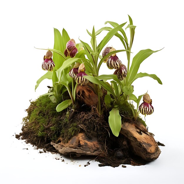 Photo cypripedium reginae showy and slippershaped flowers terrest plant and log on white background