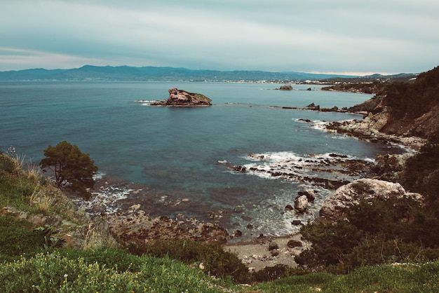 Cyprus beautiful landscape at the sea with rocks and cloudy sky natural seasonal spring background Summer vacation concept