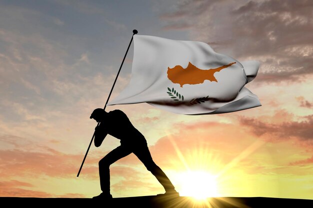 Cyprus flag being pushed into the ground by a male silhouette 3D Rendering