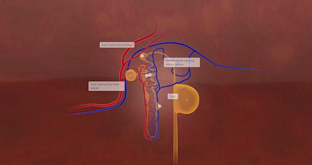 The cysts caused by PKD block the blood vessels and urine producing tubes within the kidneys