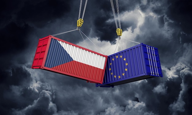 チェコとヨーロッパの貿易戦争の概念が貨物コンテナと衝突するdレンダリング