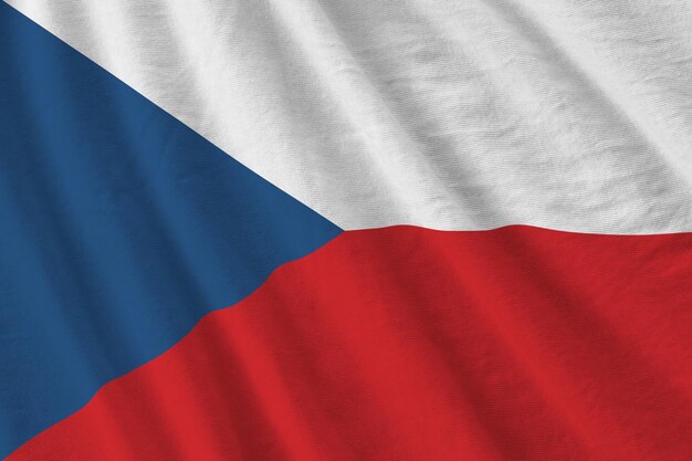 Czech flag with big folds waving close up under the studio light indoors The official symbols and colors in banner