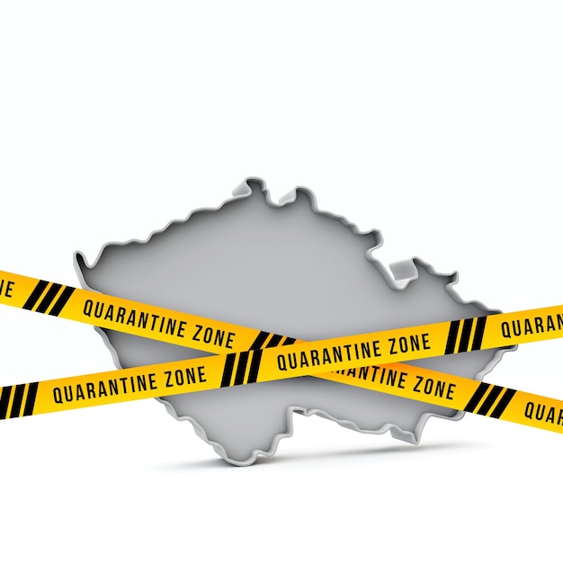 黄色の検疫警告セキュリティテープdレンダリングを使用したチェコ共和国の地図