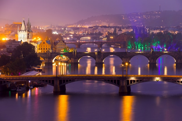 Czech Republic. Prague in the evening. Five bridges over the Vltava river in one shot