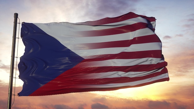 Czech republic and usa flag on flagpole. usa and czech republic\
flag waving in wind