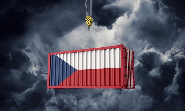 Czech trade cargo container hanging against dark clouds d render