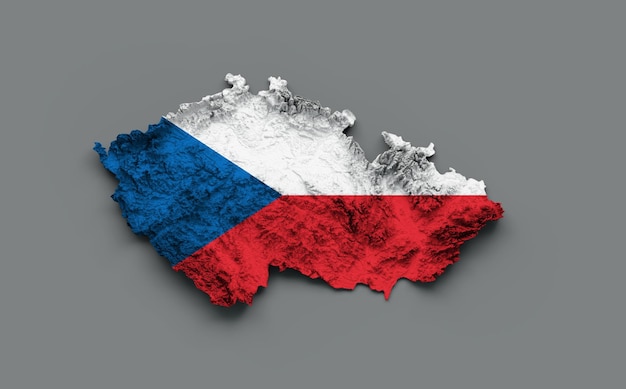 チェコの地図チェコ共和国の旗影付きのレリーフ色白地に高さの地図背景3dイラスト