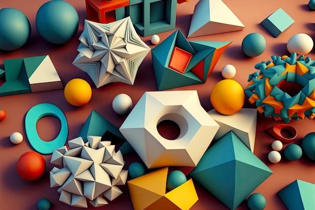 D abstract of variety of geometric shapes and different colors similar to wallpaper