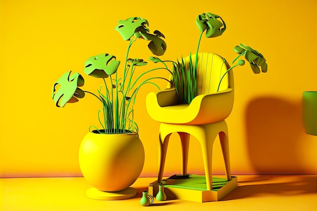 D 抽象的な黄色の椅子と黄色の背景に緑の花を持つ 2 つのポット