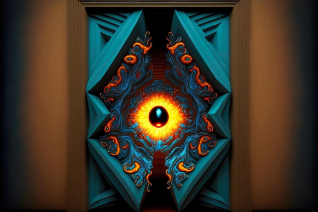 D abstracte ruitvormige deur met blauwe cirkel en vurige tongen die zich naar het midden uitstrekken