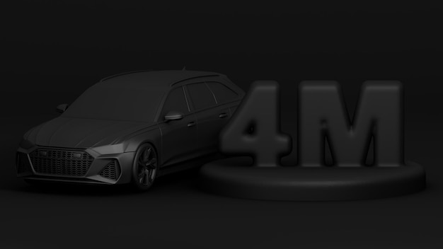 D Banner met 4M volgers Bedankt voor het abonneren Scène met zwarte auto 3D-rendering