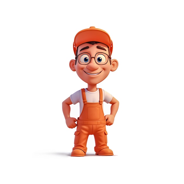 d мультфильм строитель, стоящий в оранжевом комбинезоне, изолированный на белом