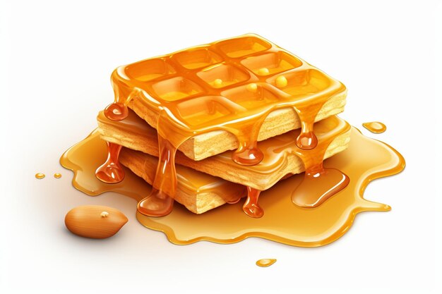 d crispy thick waffles with caramel and honey dessert on a white background