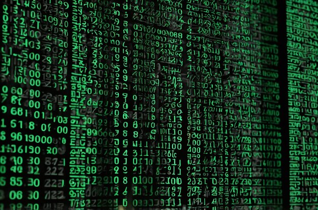 d digital matrix programming background with green binary coding