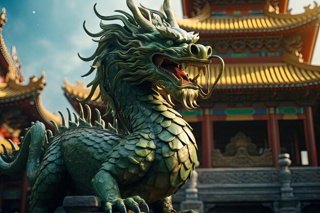 Photo d emeraldgreen dragon with traditional house on background