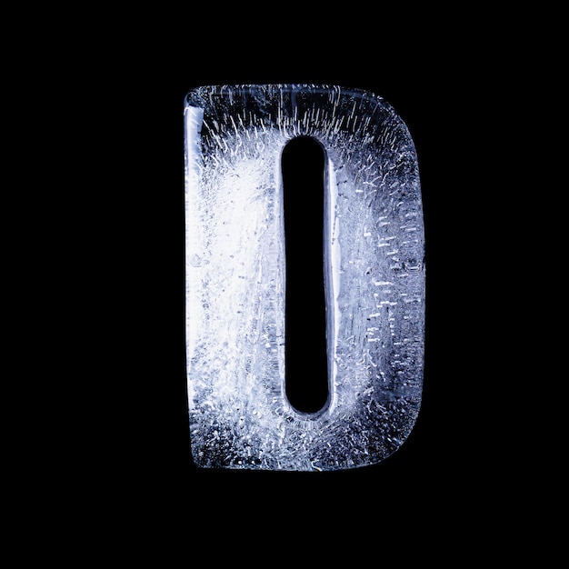 D Frozen water in the shape of the alphabet isolated on black background