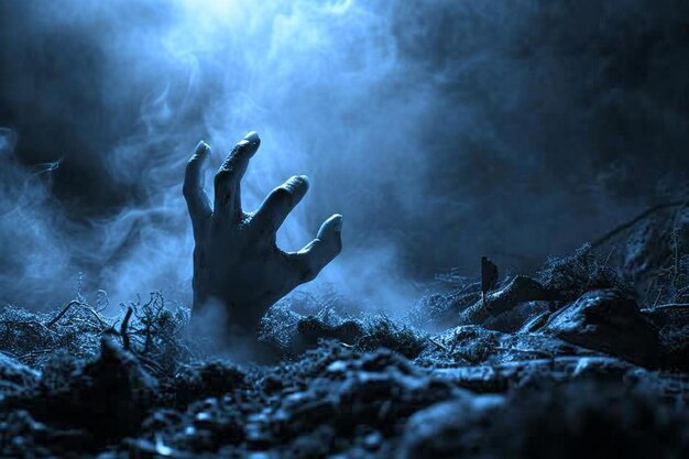 Хэллоуинский фон с рукой зомби, вырывающейся из земли.
