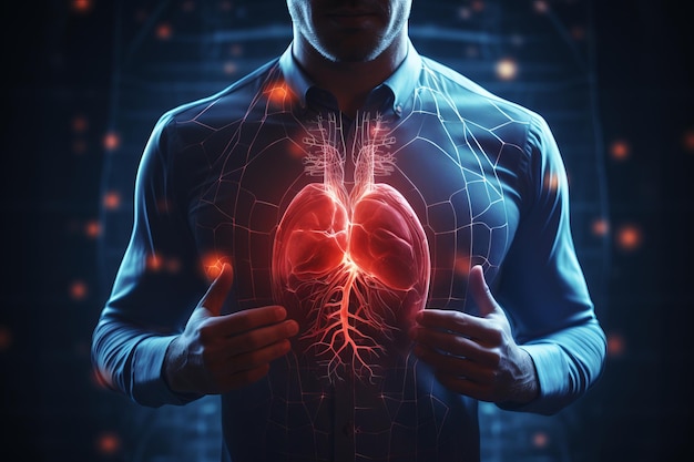 ハログラム - 人間のシルエットを背景にした心臓の研究