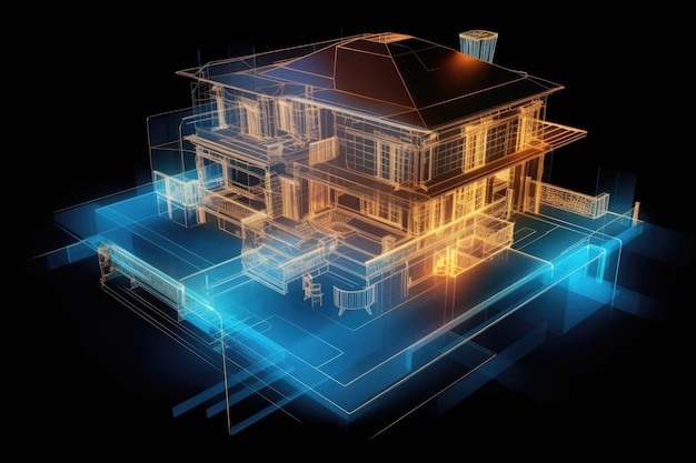 D holographic blueprint of architectural design created with generative ai