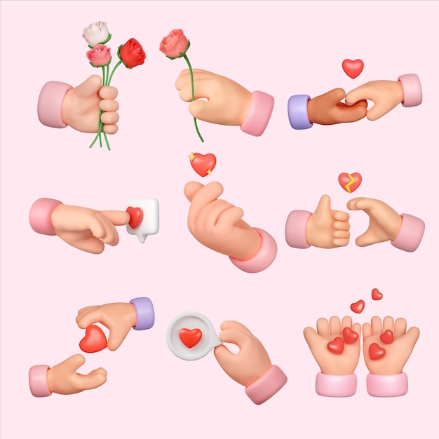 D набор иконок дня святого Валентина и руки для любви концепция дня святого Валентина d иллюстрация рендеринга