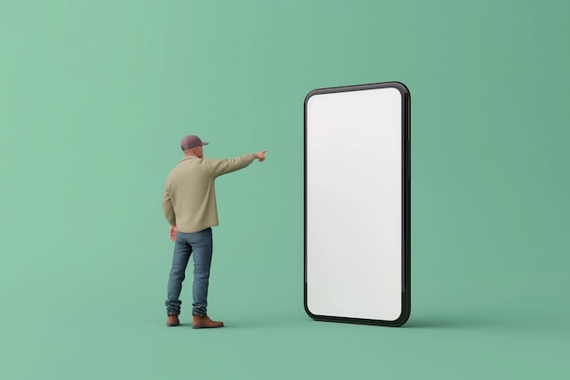 Foto d illustratie van een man die naast een enorm 3d-model van een smartphone staat met een leeg wit scherm