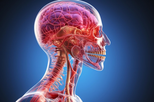 D illustratie van een transparante menselijke schedel en een kleurrijk beeld anatomie van het menselijk brein