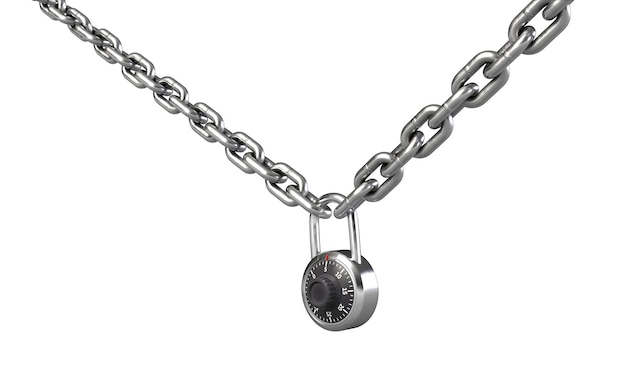 D illustration of combination padlock on chain isolated on white