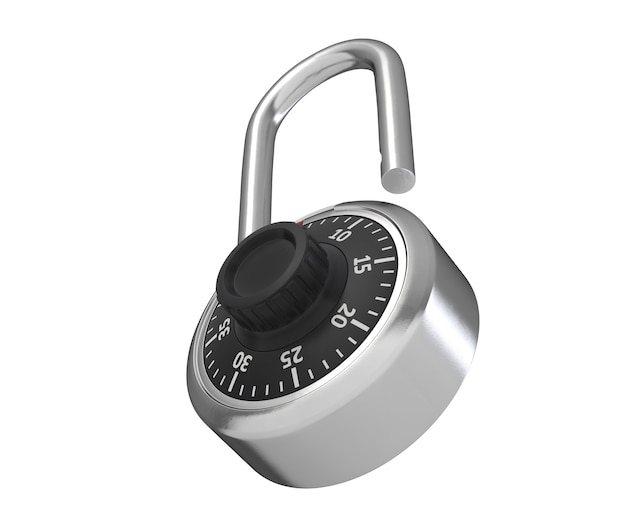 D illustration of combination padlock is opened and isolated on white