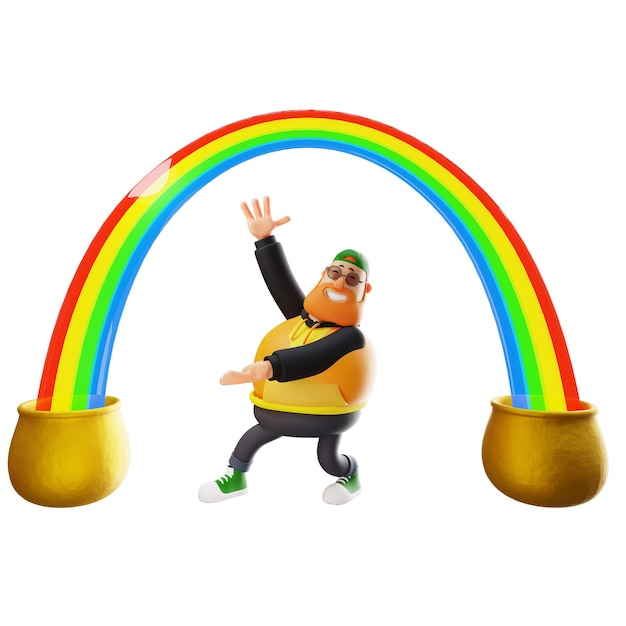 D illustration fat man 3D character pointing at beautiful rainbow standing behind the rainbow