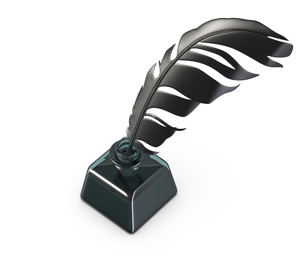 d illustration of feather pen in glass inkwell isolated on white