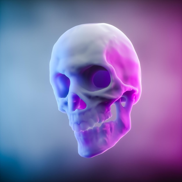 D illustration human skull illuminated by gradient blue and pink lights over an isolated background