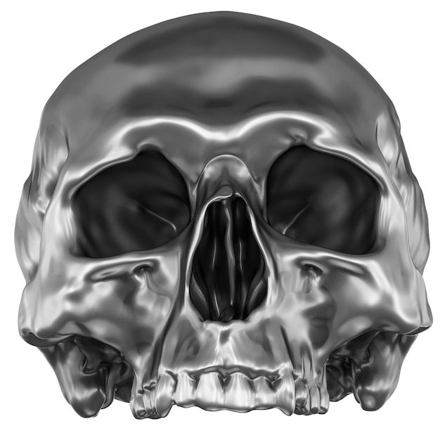 D illustration of metallic chrome human skull isolated on white background