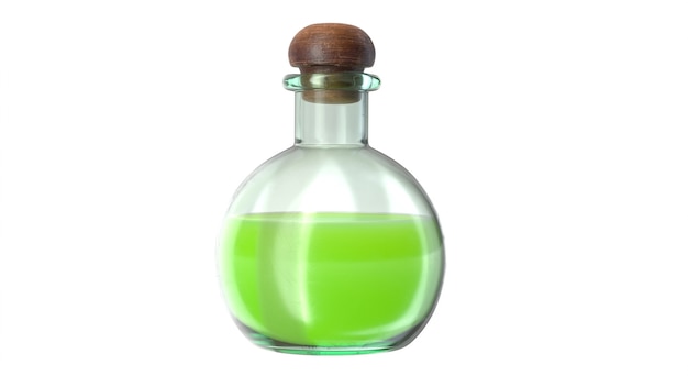 D illustration of round glass flask with toxic green potion isolated on white