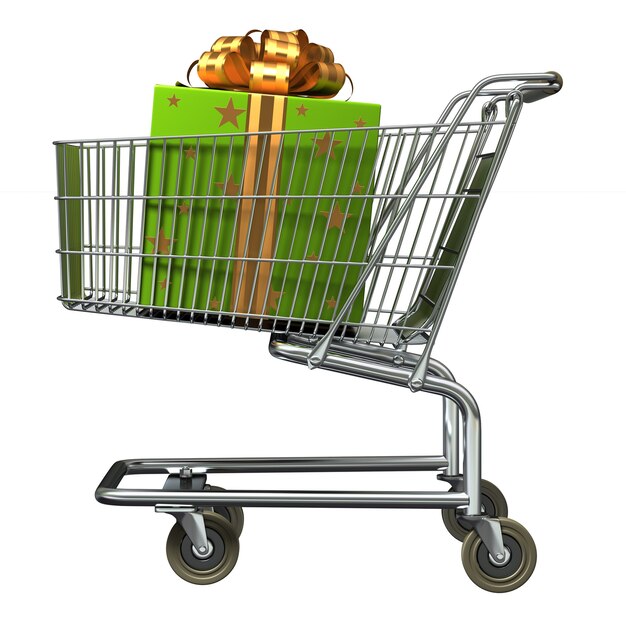 D illustration of shopping cart and giftboxes on white