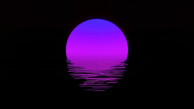 Foto d laat paarse roze zon weerkaatsen in het water in een minimalistische stijl op een zwarte achtergrond