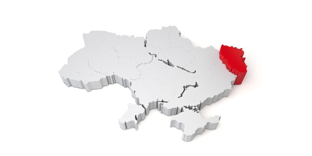 D map of ukraine showing the region of luhansk in red d rendering