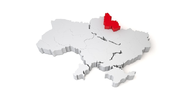 D map of ukraine showing the region of sumy in red d rendering