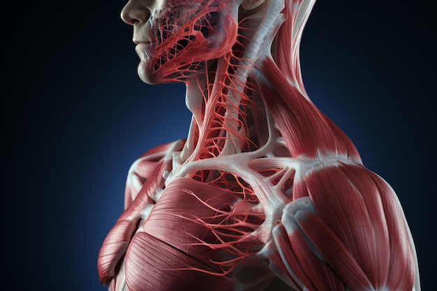 D medische illustratie van de mannelijke anatomie van het schoudergewricht, de spier- en peesstructuur van de schouder