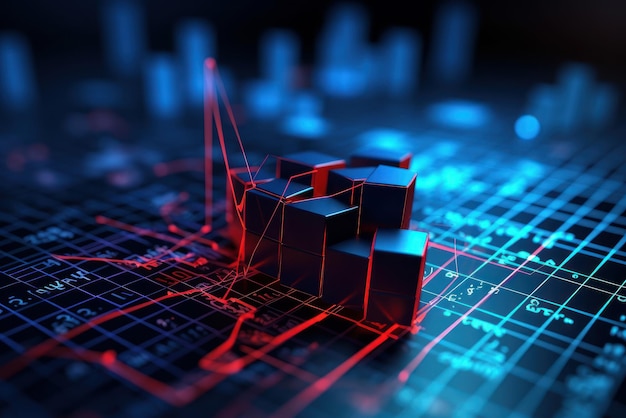 D model of financial graph with red backlight on blue background stock market financing chart econom