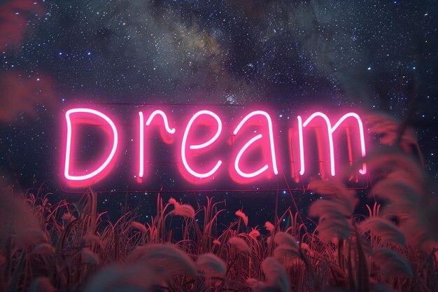 Photo a d neon sign of the word dream glowing intensely against a backdrop of a starry night sky