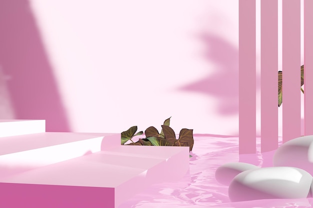 D pastel gradient background pink podium on the water and stone
