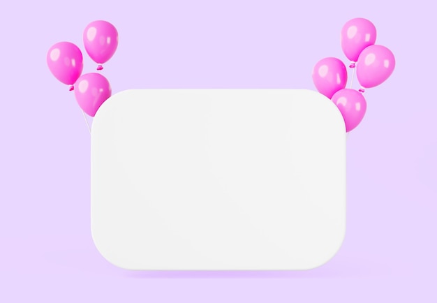 D pink air balloons and banner isolated on purple background render blank white board greeting card