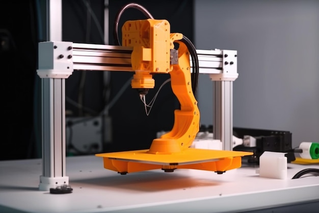 D printer with robotic arm moving in precise movements to d print object created with generative ai