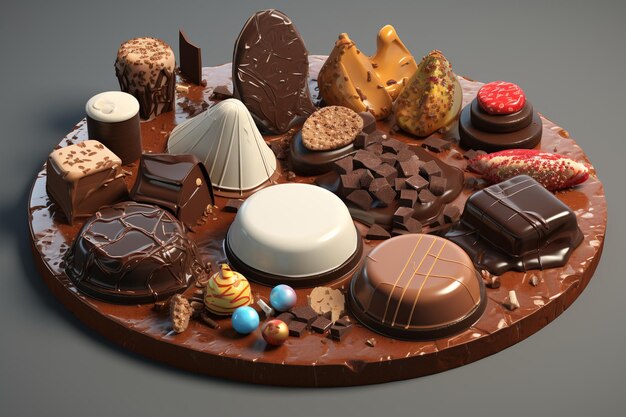 d realistic chocolate candies with different toppings